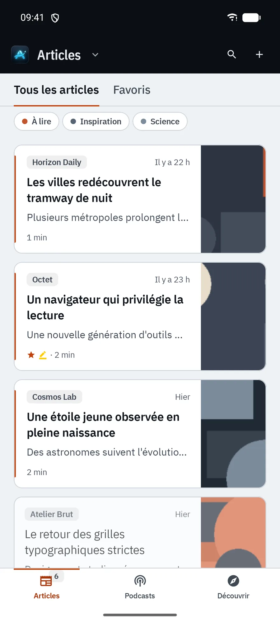 Alume sur Android : la liste des articles