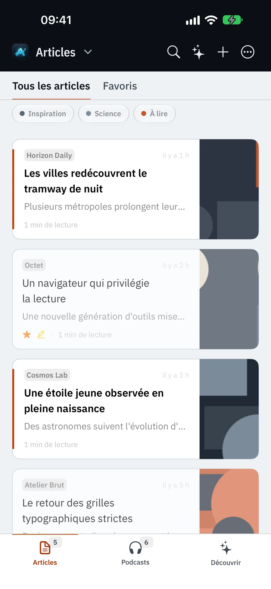 Alume sur iPhone : la liste des articles